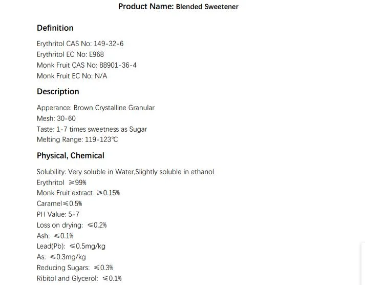 Blended Sweetener Erythritol Stevia